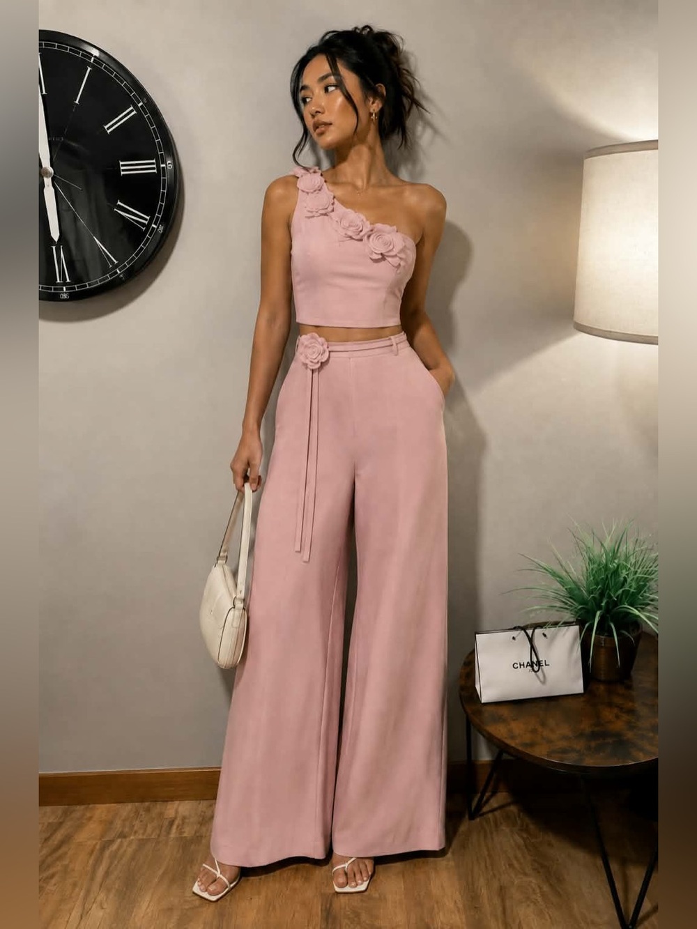 Commense Blush Pink One-Shoulder Wide-Leg Pants Set